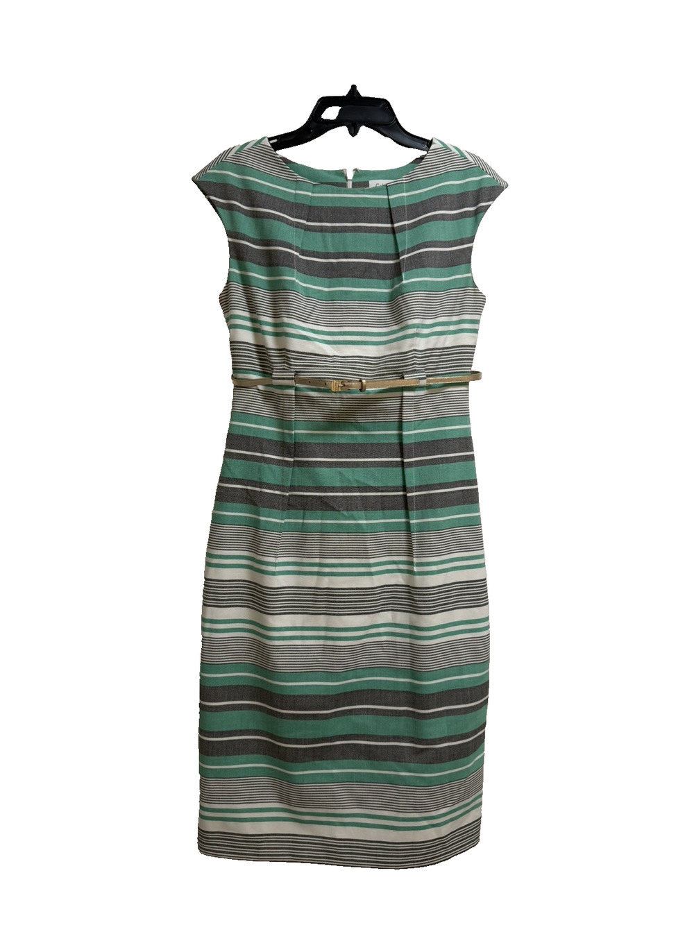CALVIN KLEIN GRAY WHITE TEAL STRIPE BELTED WAIST SHEATH DRESS SIZE 2